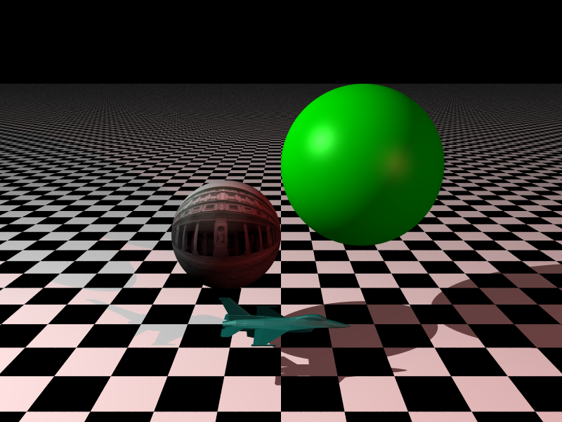 Two light sources, a mesh object, a UV mapped sphere, a Blinn-Phong shaded sphere with anti-aliasing.