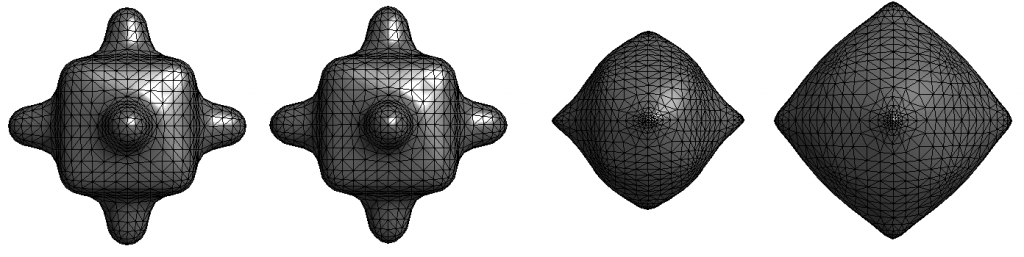 Smoothing process of bumpy cube with 1250 (original), 300, 26 and 5 MH bases respectively.