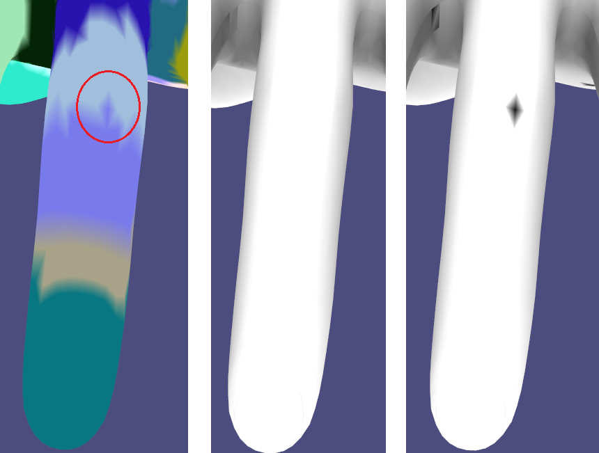 Figure 4. Left, clusters. Middle AO. Right, AO after the bases decreased %10. The vertex marked with red circle (left) is problematic because of assigning into wrong cluster. Because of that, even if we decrease the bases 10%, we get a wrong result (right). This problem occurs because of some mistakes during the rigging process of the mesh.