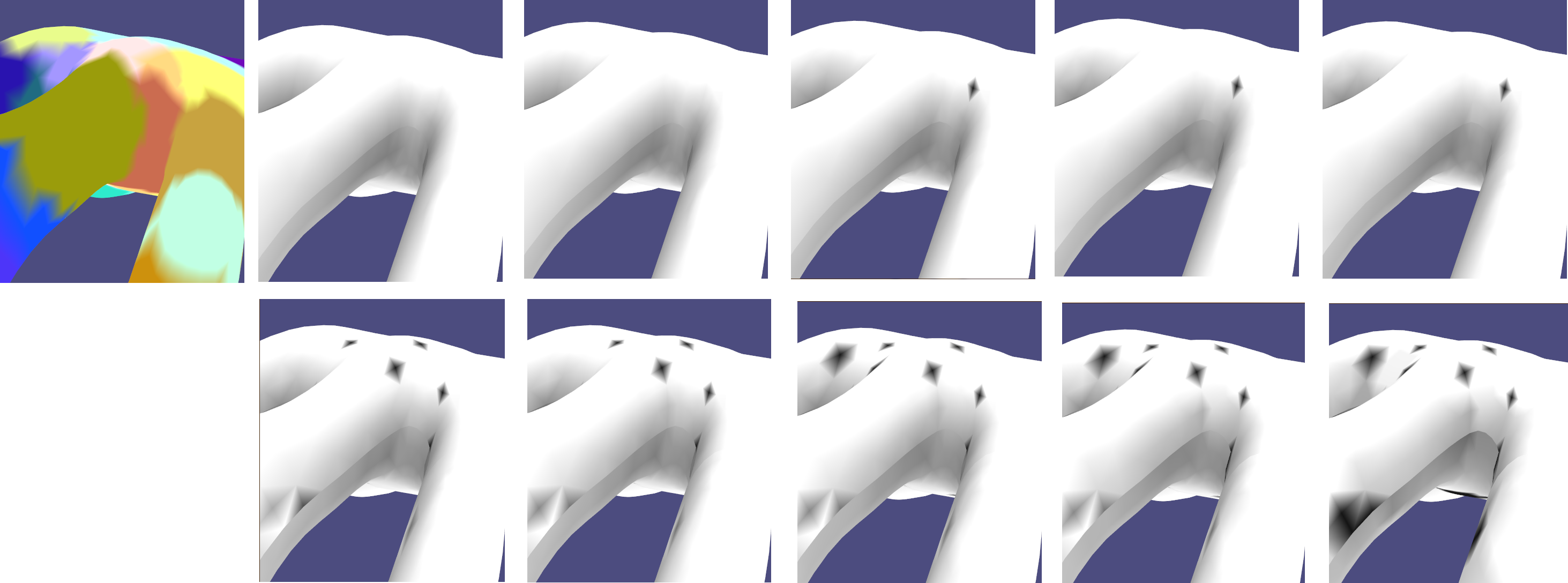 Figure 5. First row, from left to right: Clusters, 100% bases, 90%, 80%, 70%, 60%. Second row, left to right: 50%, 40%, 30%, 20%, 10%. Reason behind the black vertices explained above and in figure 4.