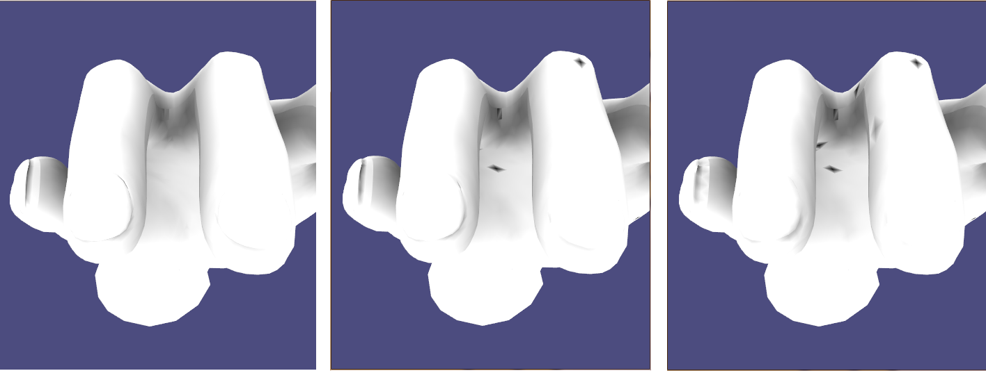 Figure 7. Details on the nails has been lost starting from 60% of the bases. Left, 100%. Middle 80%. Right, 60%
