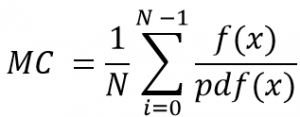 Figure-2: Monte Carlo Estimator. N is the sample size. f(x) is function of the integral that will be estimated. pdf(x) is used for distributing the points (Sampling).